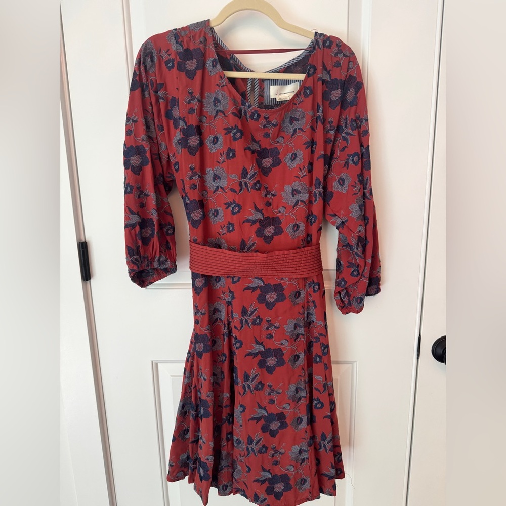 Anthropologie Red and Blue Floral Long Sleeve Dress